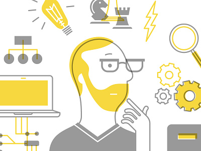 Thinker bulb character chess corporate developer gears glasses light programmer tech think web