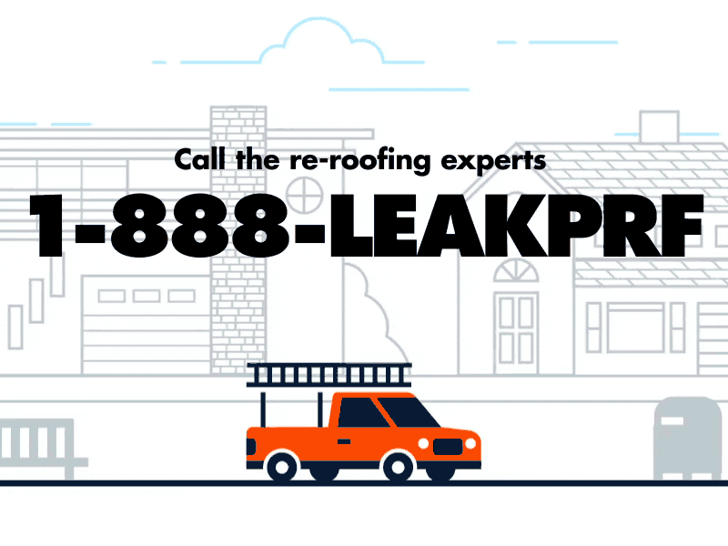 1-888-LEAKPRF neighborhood business leak roofing roof drive animation motion house truck