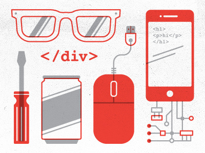 Technology can code developer glasses gray icon illustration mouse nerd programmer red screw supplies technology tools