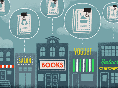 Stores & Coupons books bubbles buildings coupons illustration restaurant salon shops stores yogurt
