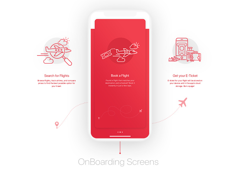BookAir - Onboarding ui kit red gradient red color minimal app design minimal interface design illustration app functionality travel ui kit travel flight booking app flat booking app design app ux app ui kit app ui app designer app design