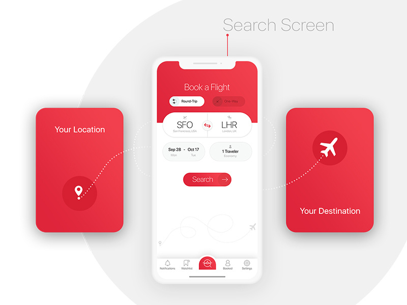 BookAir - Search Screen travel ui kit travel ui kit red gradient red color minimal app design minimal interface design illustration functionality focus flight booking app flat booking app design app ux app ui kit app ui app design