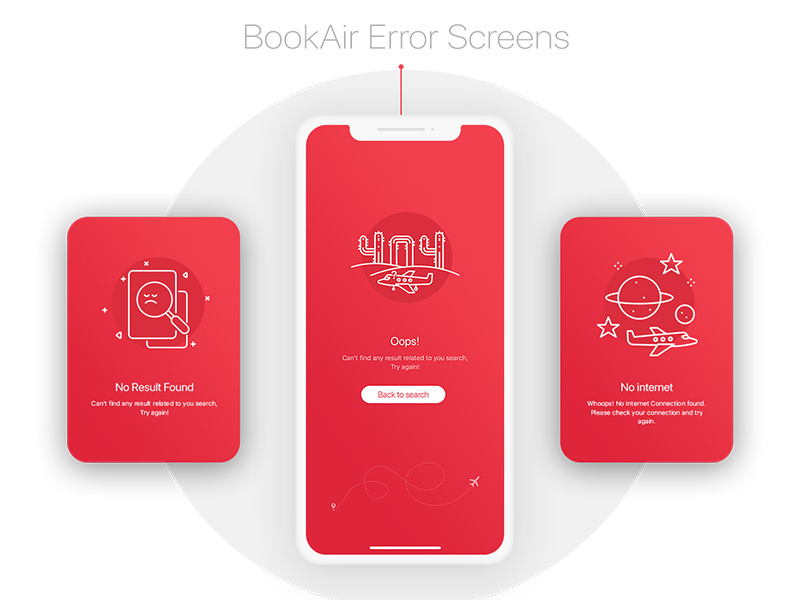 BookAir - Error Screens travel ui kit travel ui kit red gradient red color minimal app design minimal interface design illustration app functionality flight booking flat design booking app app ux app ui kit app ui app design