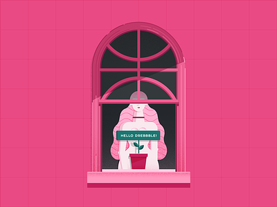 Dribbble Hello debut firstshot girl hello illustration invite pink window