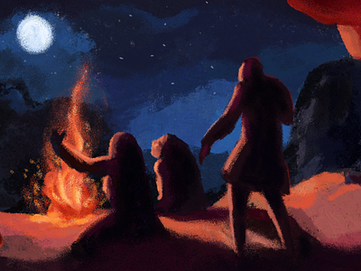 Prehistoric star dreaming cave drawing dreaming fire illustration. moon night people sky stars