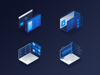 Use cases blue computer gradient illustration isometric isometry laptop options screen video