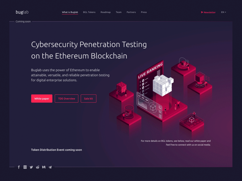 buglab landing page illustration blockchain cube cybersecurity dark gradient illustration isometric landing penetration people red testing