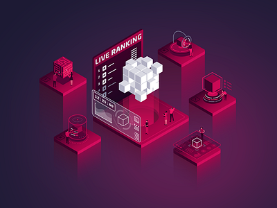 buglab landing page illustration blockchain cube cybersecurity dark gradient illustration isometric landing penetration people red testing