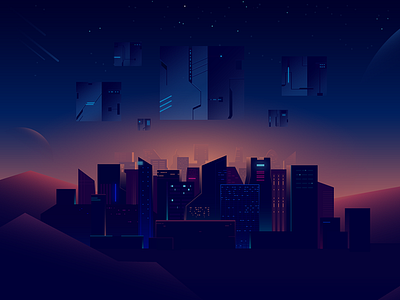 Ambrosus landing illustration 3 blockchain city cube futuristic gradient light megapolis planet space