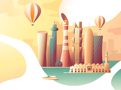 Qatar Travel Guide illustration aerostat boat buildings city doha gradient illustration landingpage qatar sea sky skyscrapers travelling view