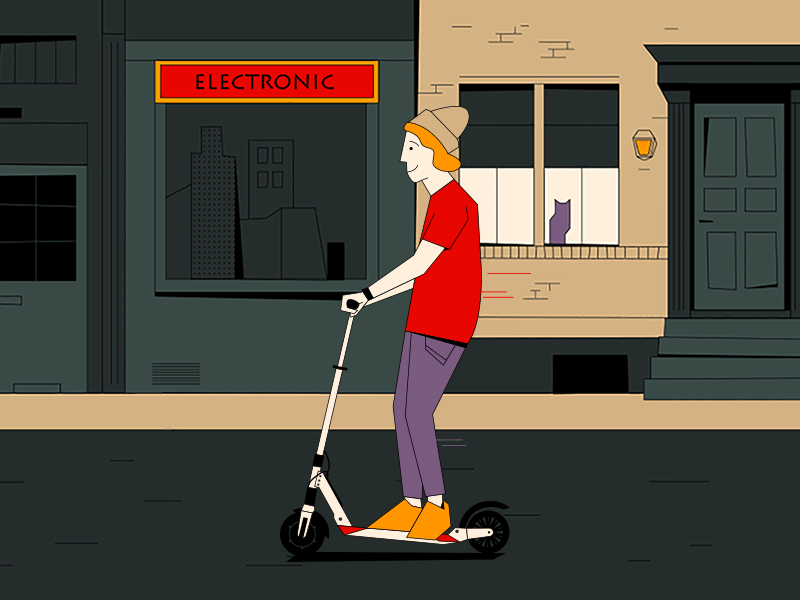 Scooter ride building door draw flat illustration lines man people ride scooter street way window