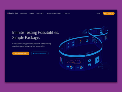 TestProject homepage illustration build chart code development gradient hands illustration infinite package platform record sign testing tools web