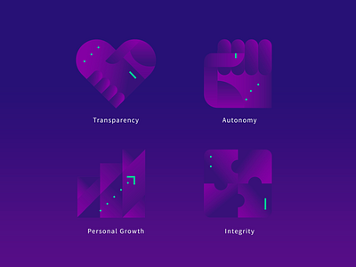 Saker.io icons autonomy fist gradient growth hand heart illustration integrity puzzle transparency