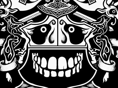 Coat of arms 3 banner black celtic coat of arms gaunty goat illustration knotwork skull sword teeth white