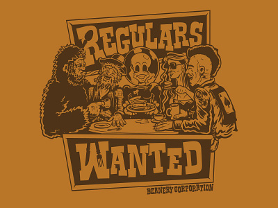 Regulars Wanted Beanery Corporation alien bakery big foot cafe fork hot chick knife miner punk spoon