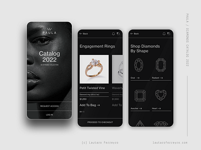 Paula - Diamonds & Jewlery app cart dark design diamonds ecommerce ios jewlery luxury minimal mobile mode ring shop swiss ui ux wedding