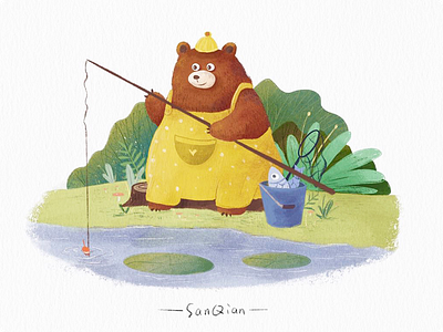 bear bear children book illustration fishing green illustration