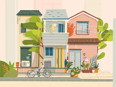 Three Tall and Narrow Houses building design drawings dreams illustration japan pink plants summer tokyo tree treehouse