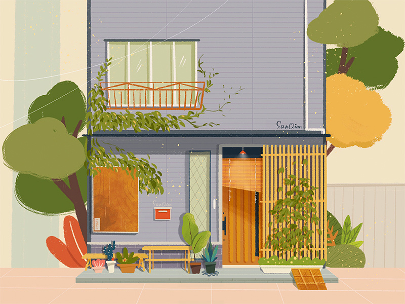 A Private House life green tree gardens drawings buildings japan tokyo private house plants design building illustration