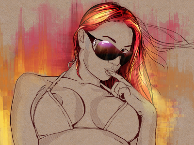 Hello World! fire girl glasses hair hot line art
