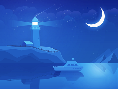 Night Lighthouse illustrator ship lighthouse，ship moon night