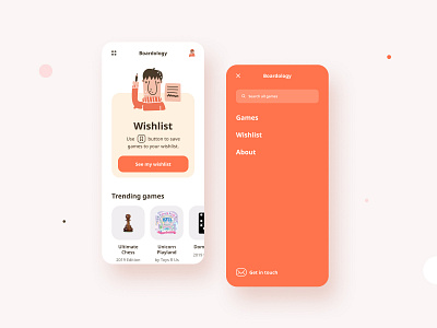 Boardology App app design app ui homepage interactive navigation orange search trending ui ux web wishlist