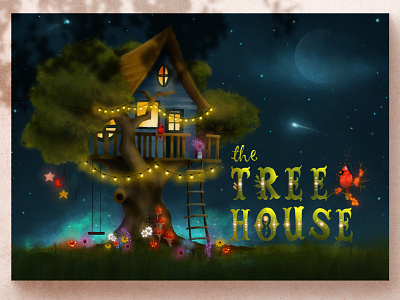 The Treehouse - Nighttime art cardinal design hand drawn illustration kristen riello lights magical night scene procreate treehouse typography