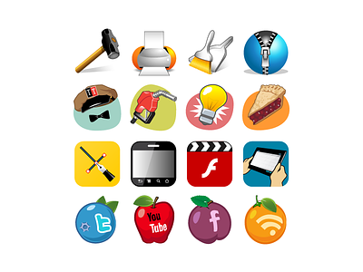Icons apple blueberry dustpan flash hammer icons lightbulb orange pie printer rss tablet