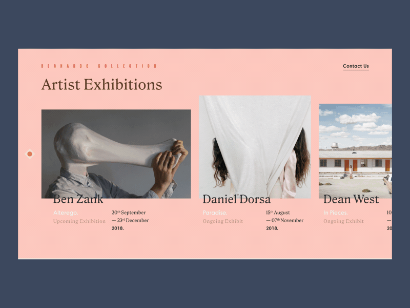 Bernardo Collection Gallery + Artist Page after effects animation art artist colors design gallery glitch grid interaction layout pastel photography slide swish texture typography ui ux web