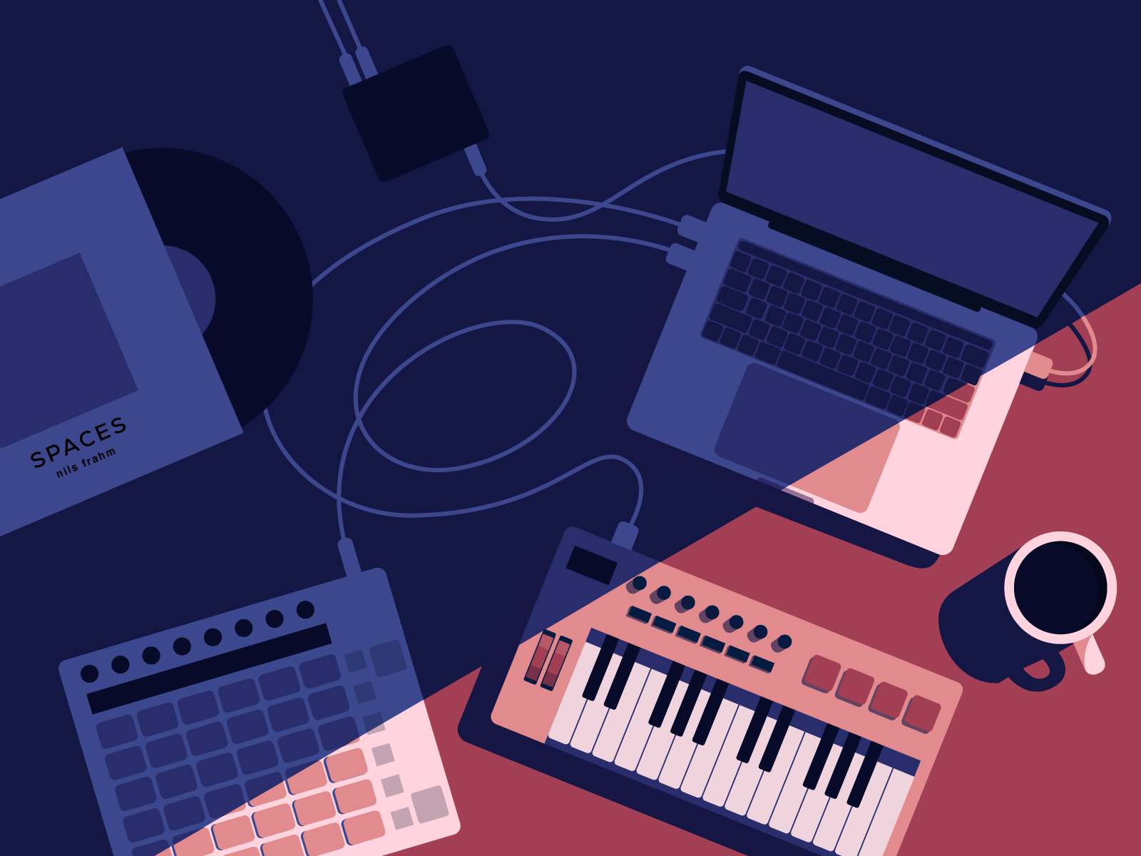 Sound design  beat cables coffee illustration keyboad light macbook midi shadows sound vinyl