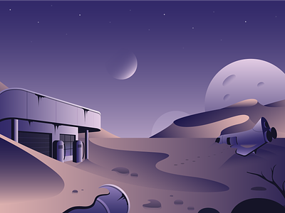 Arrival ✨ desert galaxy hills illustration planet rusty sand sky space spaceship stars stones