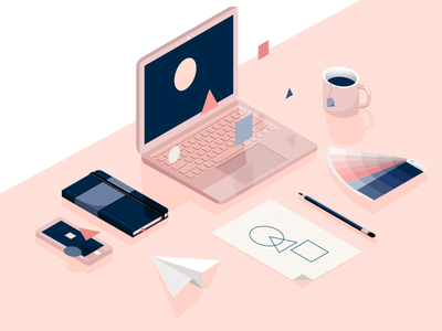 Creating process. perspective workspace shadows shapes iphone macbook notebook pencil mug plane palette colours isometric