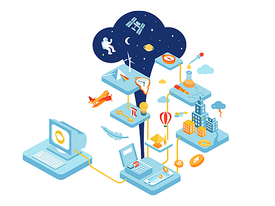 Knowledge connection bitcoin chemistry computer illustration isometric knowledge phone physics space vector