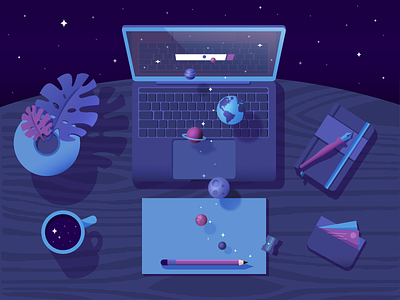 In Search Of Space ✨ colours desk illustartion macbook mug notebook paper pencil planets search space stars