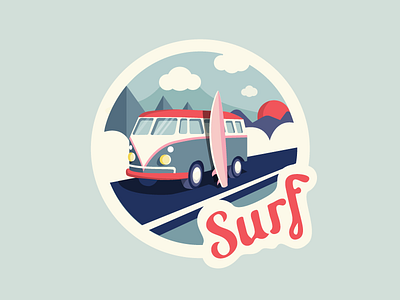 Surf bus clouds colours desk illustration sticker surf surfing typography van vector view