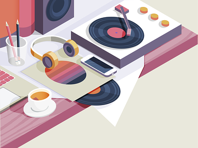 Awake colours gramophone headphones illustraion iphone isometric music pencils speaker tea vector vinyl
