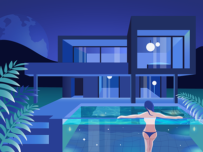 In the Stars✨ galaxy girl gradients house illustration leaves modern night pool sky stars