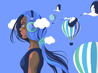 Cloudhead☁️ balloon birds blue character clouds hair headphones illustration skin sky surrealism vector