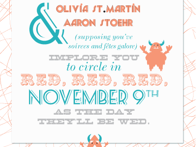 Olivia and Aaron's Save the Dates ampersand blue hand drawn illustration invitation monsters orange print save the dates type typography wedding wedding invitation wedding invites