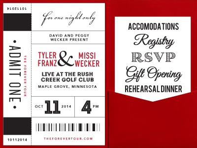 Missi and Tyler concert ticket invite typography wedding wedding invitations