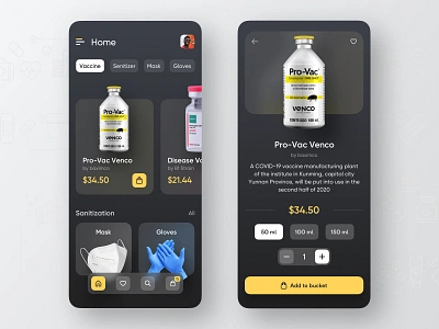 COVID-19 Online Store app design corona coronavirus covid covid19 dark gloves mask n95mask online store popular sanitization tunnel sanitizer trendy ui vaccine