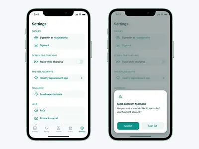 Moment: Settings / Sign out account animation app app design design icon ios ios app log out mobile mobile ui modal moment settings settings icon sign out switch teal ui ux