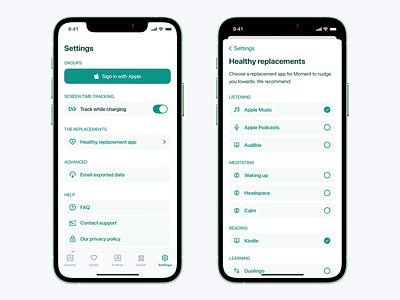 Moment: Settings / Healthy replacements app checkbox clean design ios ios app design iphone mobile mobile ui modal moment productdesign screen time selector settings switch ui uidesign ux uxdesign