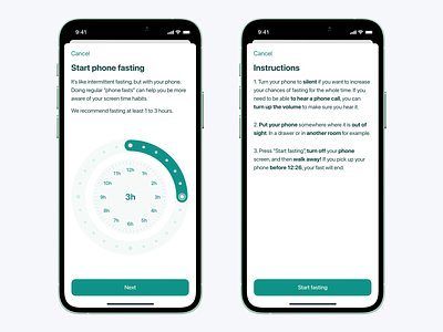 Moment: Phone fasting / Instructions app clean clock design formatting haptic instructions mobile modal modern moment phone fasting product design slider slider design sliders teal timer ui ux