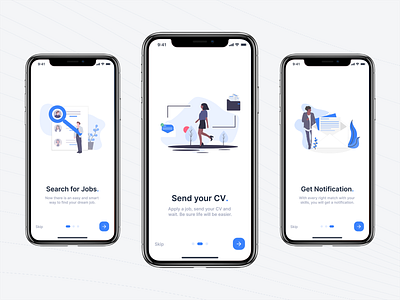 Jobbyen: Onboarding animation app application blue branding clean dailyui design illustration inspiration ios job job finder jobseeker mobile app onboarding onboarding ui ui ux web