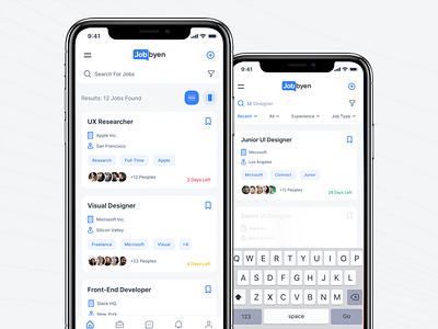 Jobbyen: Home & Search app clean dailyui design flat home screen illustration inspiration ios iphone job application job finder job listing minimal modern search search bar search results ui ux