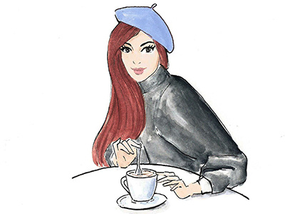 Parisian girl drinking coffee - fashion illustration