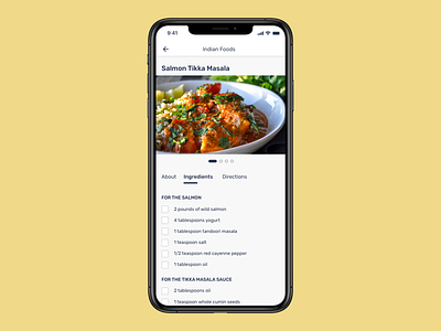 Recipe UI 100daysofui app app design app ui dailyui design ios mobile mobile app mobile app design mobile design mobile ui product design recipe recipe app recipes salmon tikka masala ui ux