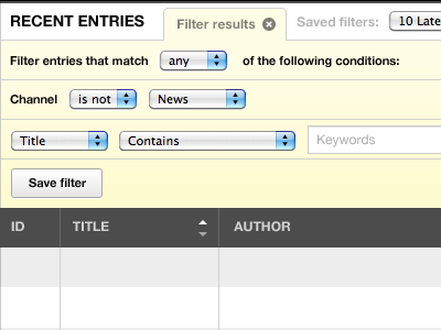 Filtering recent entries w/ close tab eecms tables ui