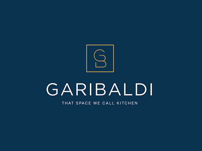 Garibaldi Logo design blue gold icon initials kitchen logo modern space typography